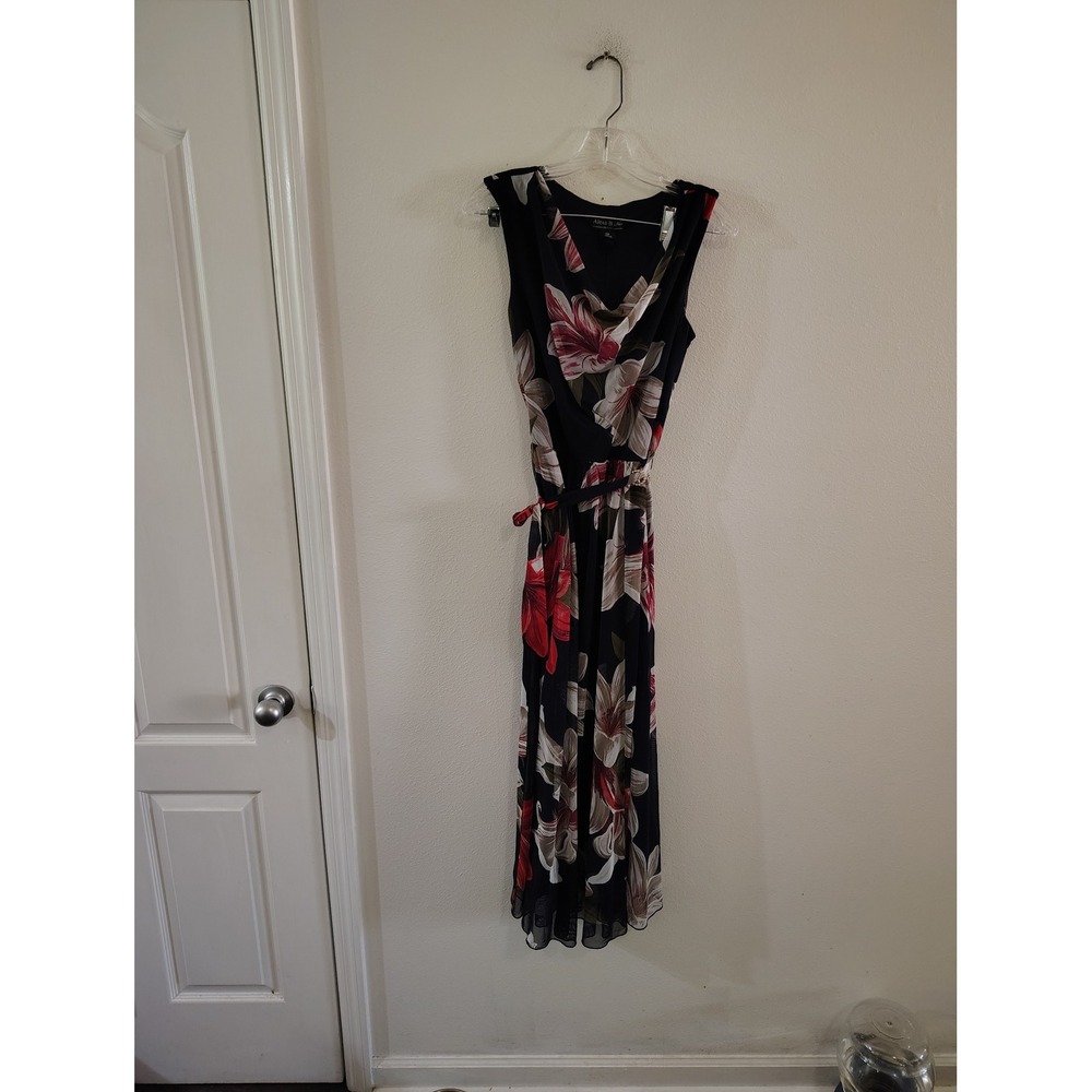 Alexa B Nites Floral Maxi Dress Navy Blue Red Lily Cowl Neck Petite 12P